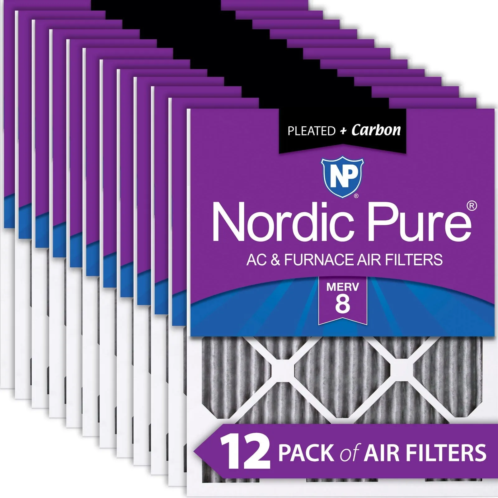 12x20x1 (11_1/2x19_1/2) Furnace Air Filters MERV 8 Pleated Plus Carbon 12 Pack