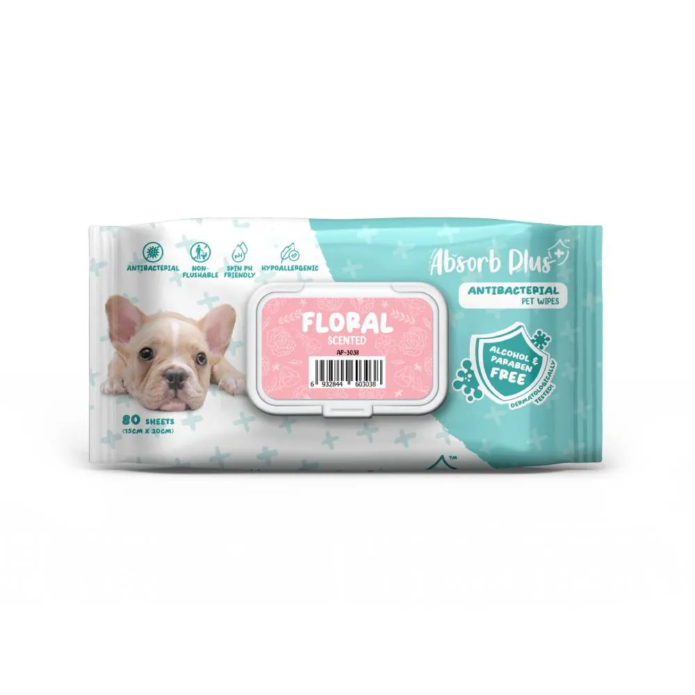 Absorb Plus AntiBacterial Pet Wipes Floral Scented 15cm x 20cm - 80sheets