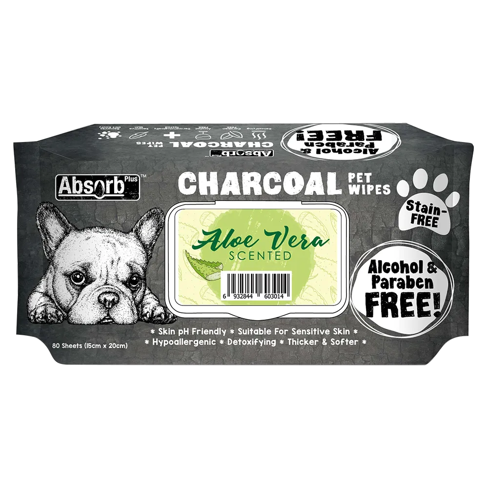 Absorb Plus Charcoal Pet Wipes Aloe Vera Scented 15cm x 20cm - 80sheets