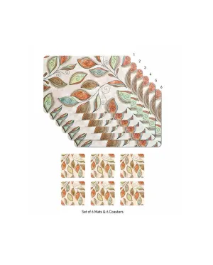 Beige And Rust Polypropylene Printed Table Placemats With Coasters | 12 Pieces