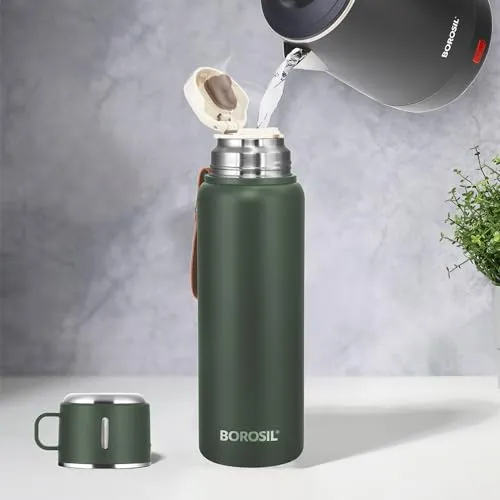 Borosil Hydra Cruise 900 ml Insulated Water Bottle, Green Stainless Steel Bottle, with Double Wall Vacuum Insulation, 17 Hours Hot & 20 Hours Cold, 1 Year Warranty