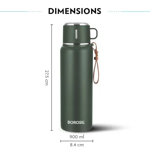 Borosil Hydra Cruise 900 ml Insulated Water Bottle, Green Stainless Steel Bottle, with Double Wall Vacuum Insulation, 17 Hours Hot & 20 Hours Cold, 1 Year Warranty