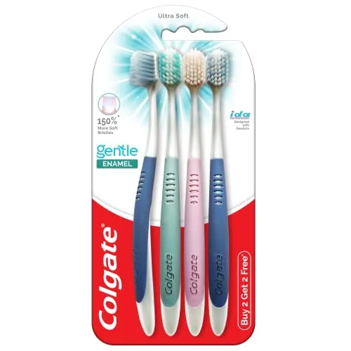 Colgate Gentle Enamel Ultra Soft Bristles Manual Toothbrush for adults, 4 Pcs (Buy2 Get 2), Soft Bristles for Enamel Care,Multicolor