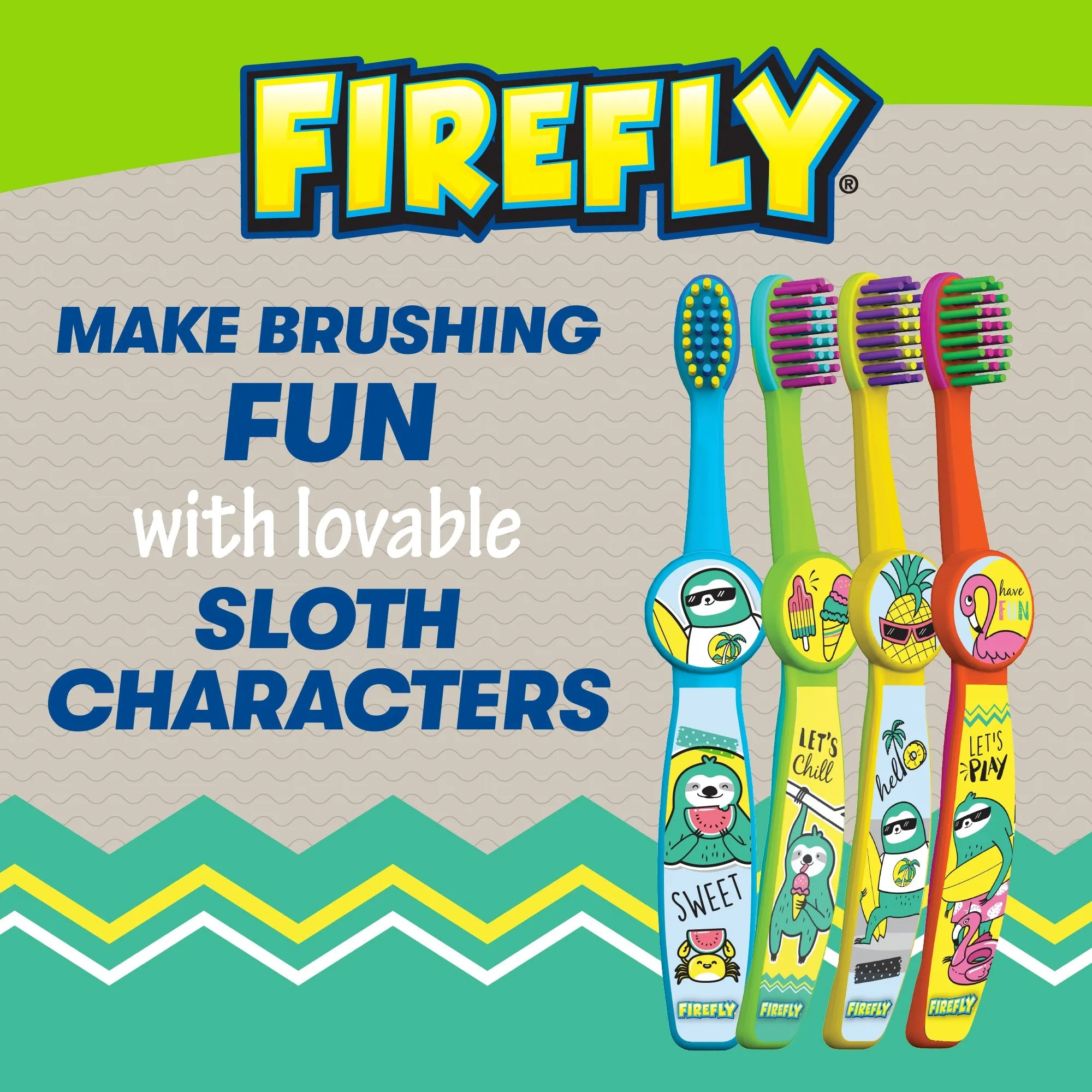 Firefly Sloths Circle Soft Toothbrushes, Ages 3 , 4 Count