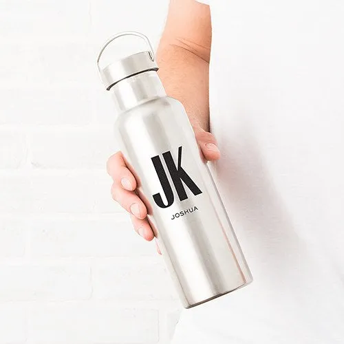 PERSONALIZED CHROME WATER BOTTLE WITH HANDLE - CUSTOM MONOGRAM PRINT